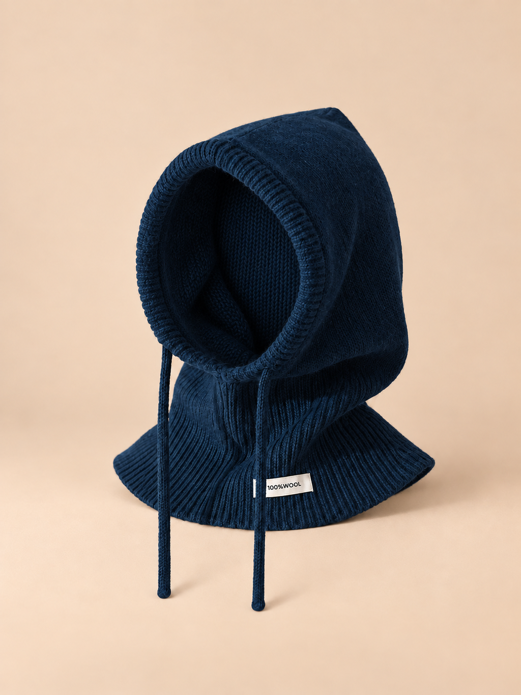 Passamontagna da donna in pura lana con collo integrato, colore blu, vista frontale