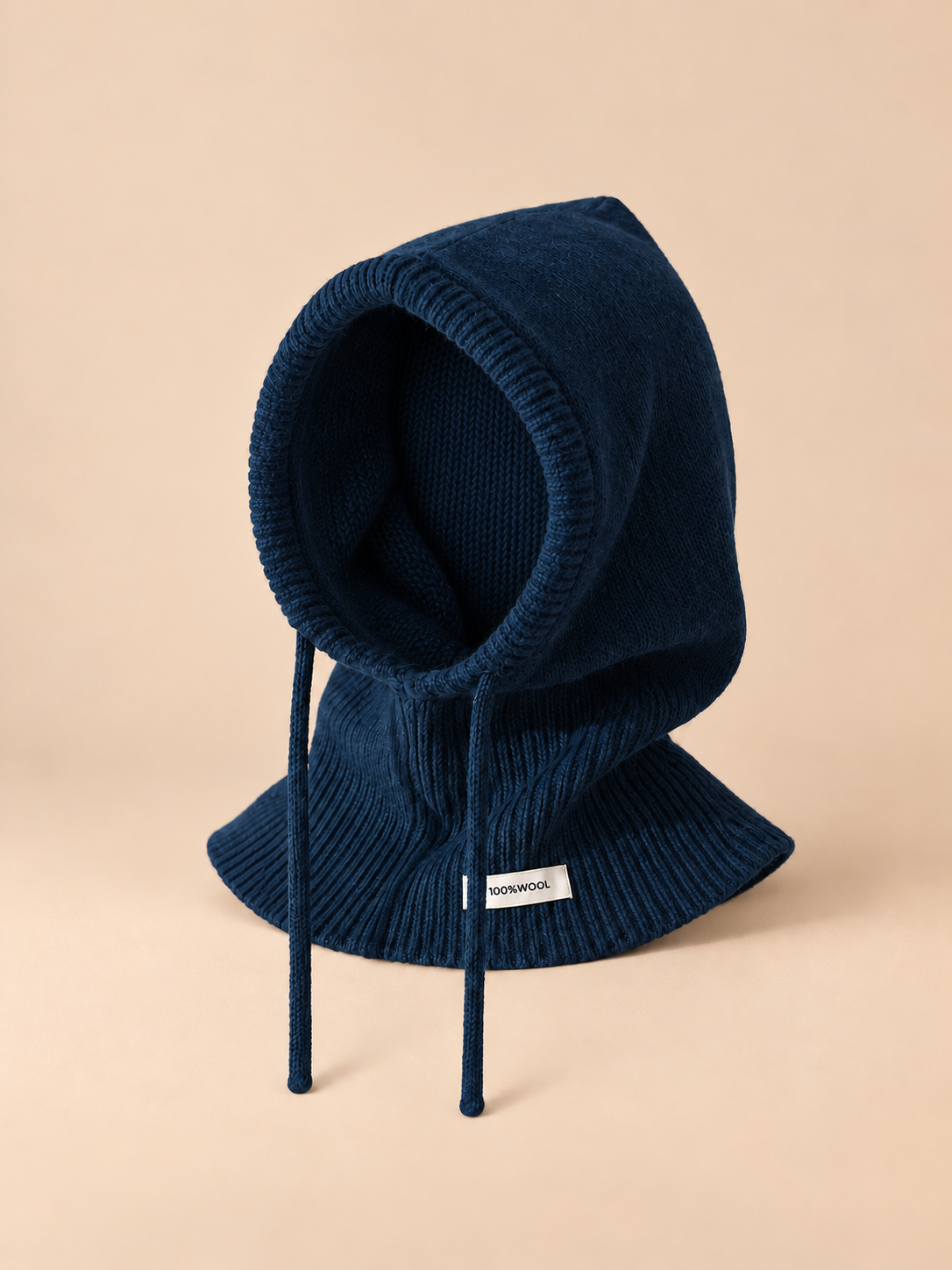 Passamontagna da donna in pura lana con collo integrato, colore blu, vista frontale