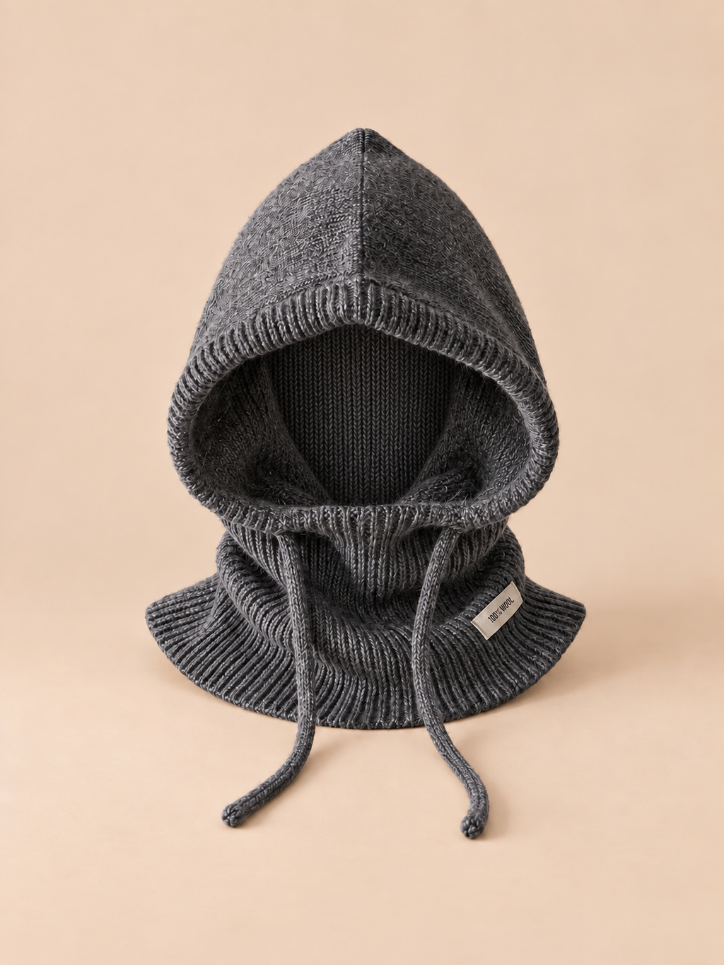 Passamontagna grigio scuro da donna in lana, con interno in maglia coordinata, collo integrato e cordini